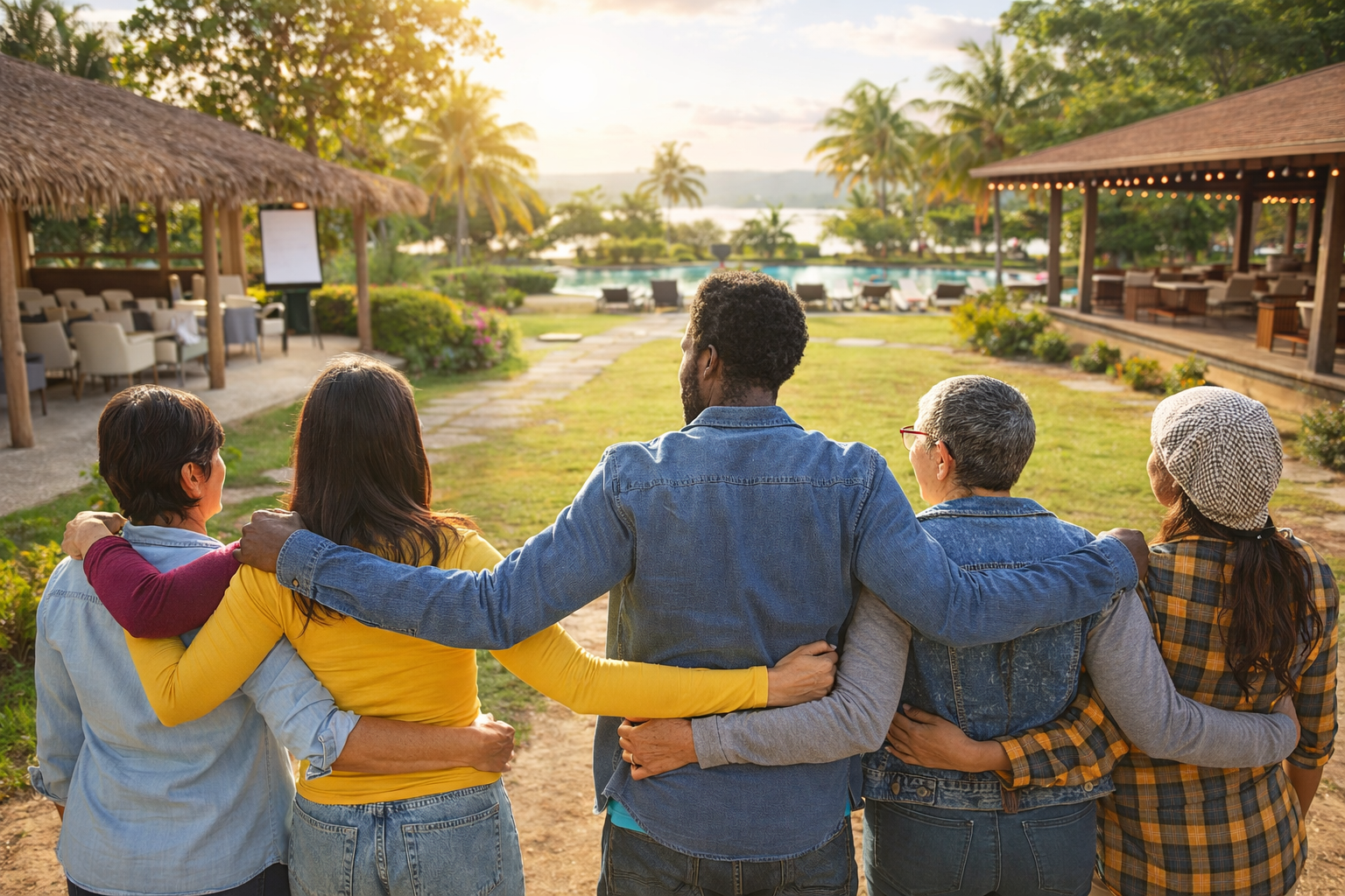 A group of people with arms around each other at a wellness retreat at sunset